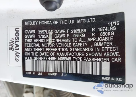 2017 Honda Civic Sport z USA, uszkodzony, nr VIN SHHFK7H49HU408948